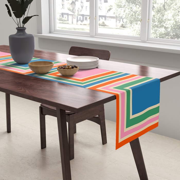 Colorful Retro Geometric Portes Pattern Blue Orange Pink Green Table Runner Gallery Image 2