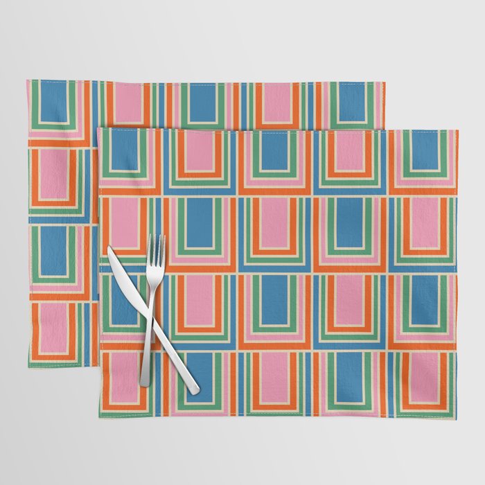 Colorful Retro Geometric Portes Pattern Blue Orange Pink Green Placemat Gallery Image 1
