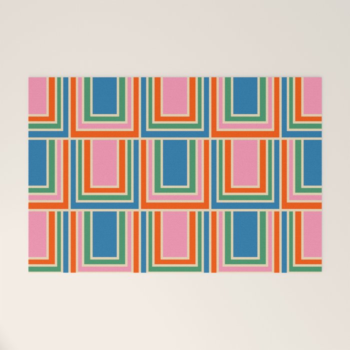 Colorful Retro Geometric Portes Pattern Blue Orange Pink Green Welcome Mat Gallery Image 1