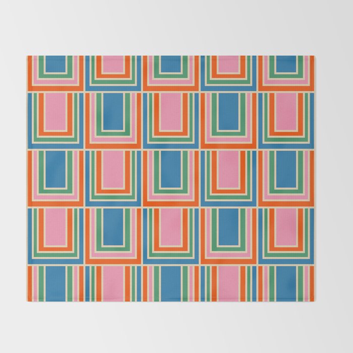 Colorful Retro Geometric Portes Pattern Blue Orange Pink Green Throw Blanket Gallery Image 2