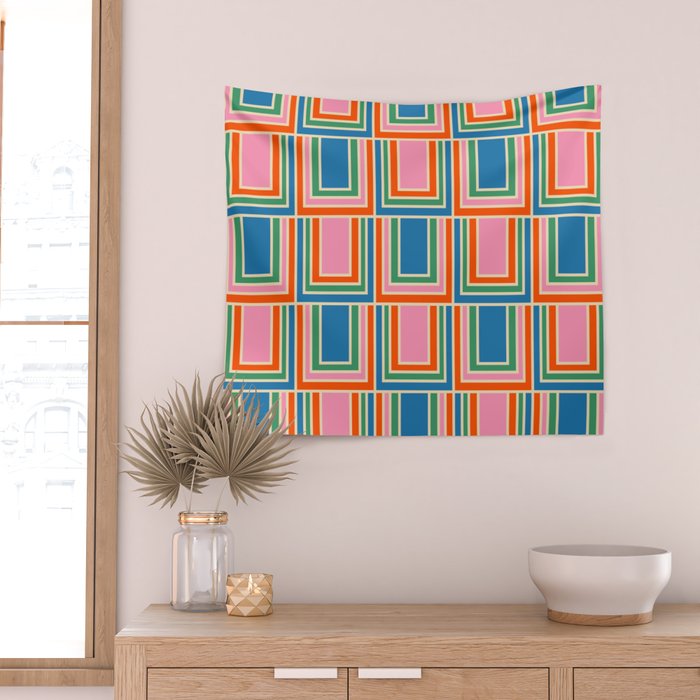 Colorful Retro Geometric Portes Pattern Blue Orange Pink Green Wall Tapestry Gallery Image 2