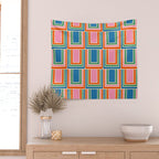 Colorful Retro Geometric Portes Pattern Blue Orange Pink Green Wall Tapestry Gallery Image 2