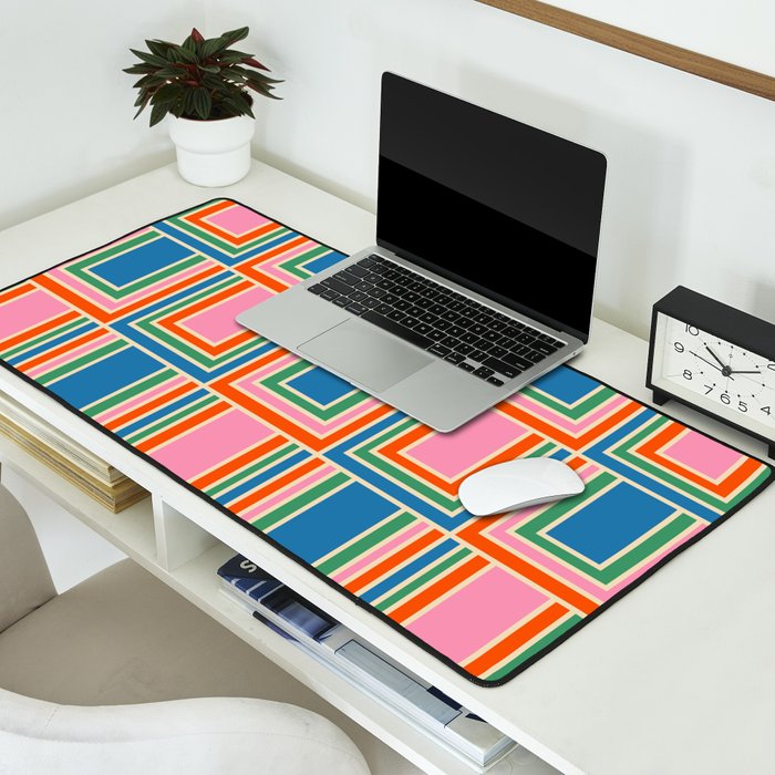 Colorful Retro Geometric Portes Pattern Blue Orange Pink Green Desk Mat Gallery Image 2