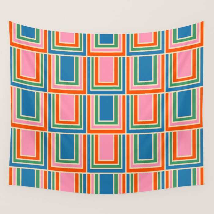 Colorful Retro Geometric Portes Pattern Blue Orange Pink Green Wall Tapestry Gallery Image 1