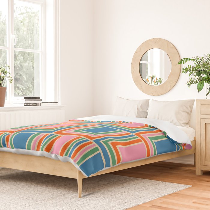 Colorful Retro Geometric Portes Pattern Blue Orange Pink Green Duvet Cover Gallery Image 2