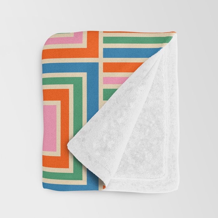 Colorful Retro Geometric Portes Pattern Blue Orange Pink Green Throw Blanket Gallery Image 3
