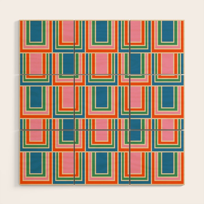 Colorful Retro Geometric Portes Pattern Blue Orange Pink Green Wood Wall Art Gallery Image 1