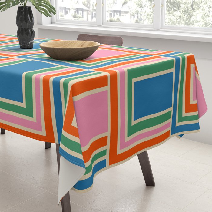Colorful Retro Geometric Portes Pattern Blue Orange Pink Green Tablecloth Gallery Image 3