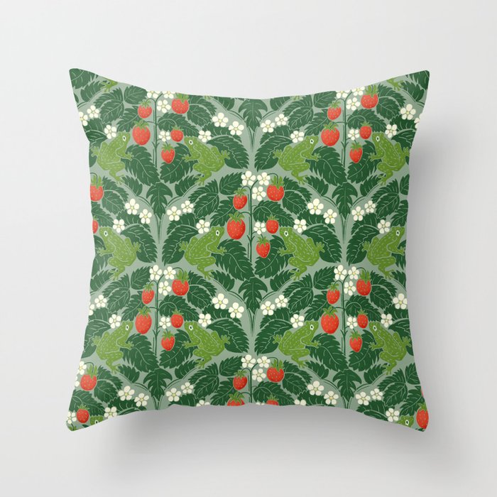Frogs And Wild Strawberries On Pale Green Throw Pillow Gallery Image 1