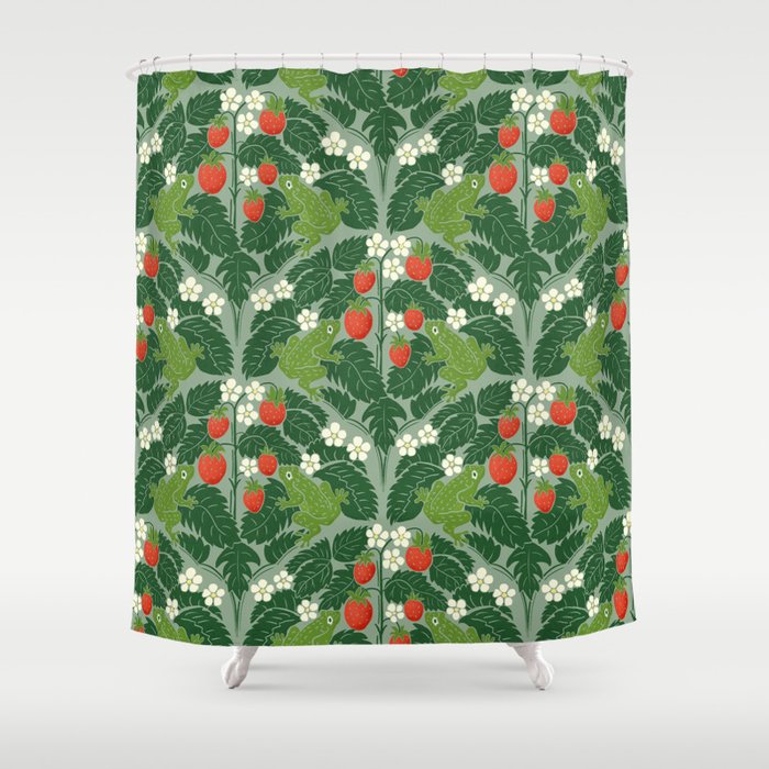 Frogs And Wild Strawberries On Pale Green Shower Curtain Gallery Image 1