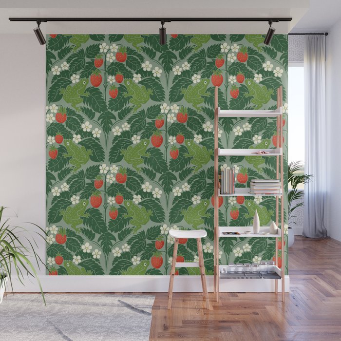 Frogs And Wild Strawberries On Pale Green Wall Mural Gallery Image 1