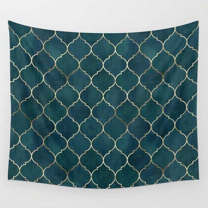 Emerald Golden Moroccan Quatrefoil Pattern Wall Tapestry Gallery Image 1
