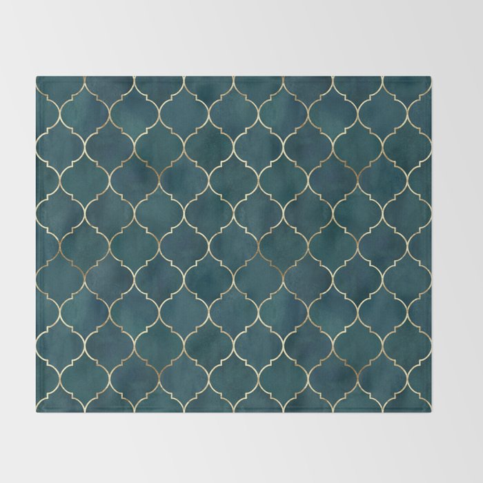 Emerald Golden Moroccan Quatrefoil Pattern Throw Blanket Gallery Image 2