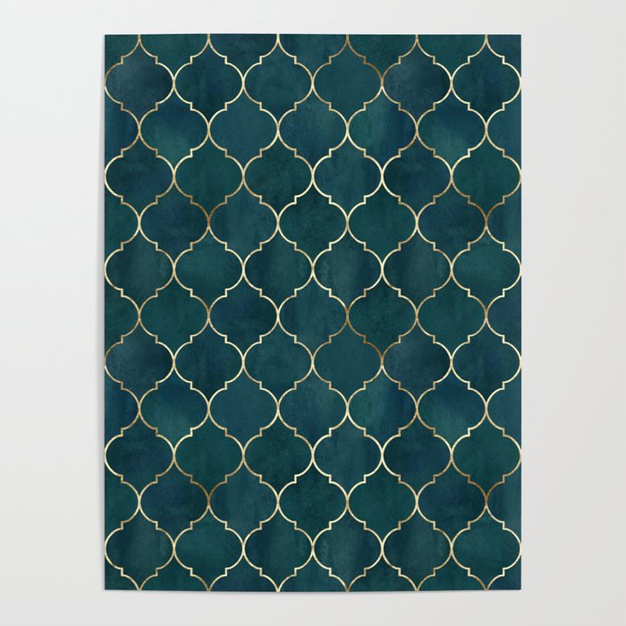 Emerald Golden Moroccan Quatrefoil Pattern Poster Gallery Image 4