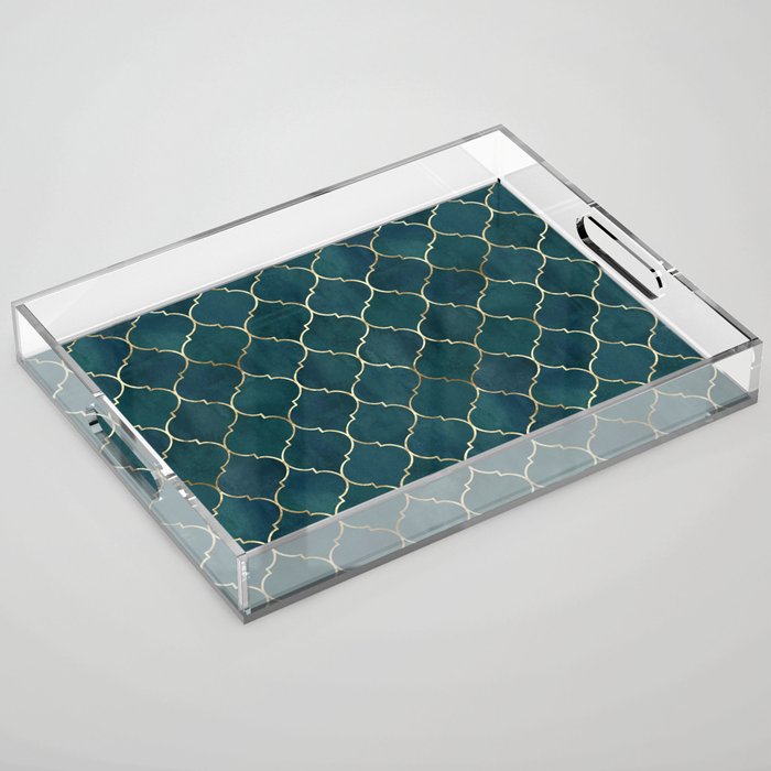 Emerald Golden Moroccan Quatrefoil Pattern Acrylic Tray Gallery Image 1