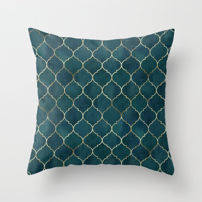 Emerald Golden Moroccan Quatrefoil Pattern Throw Pillow Gallery Image 1