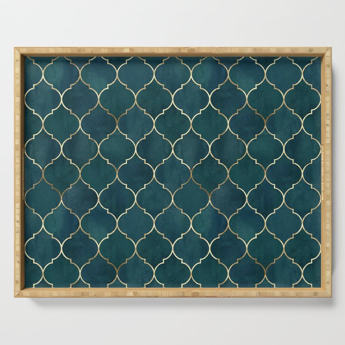Emerald Golden Moroccan Quatrefoil Pattern Serving Tray Gallery Image 1