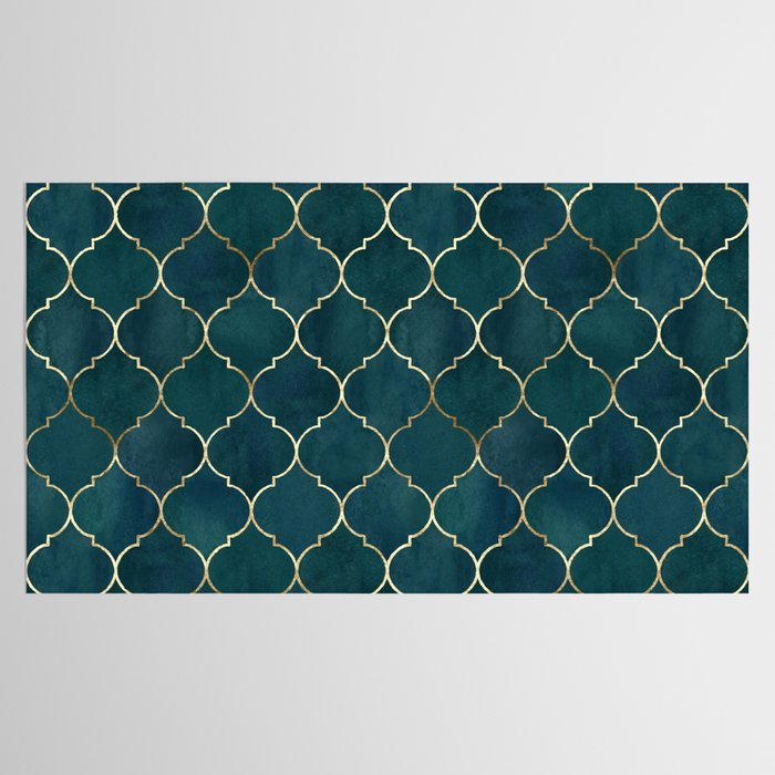 Emerald Golden Moroccan Quatrefoil Pattern Tablecloth Gallery Image 2