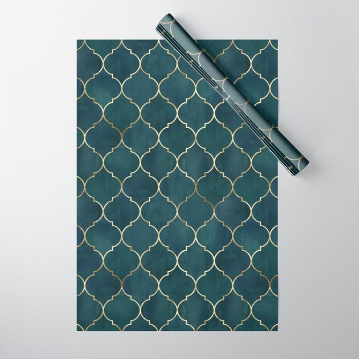 Emerald Golden Moroccan Quatrefoil Pattern Wrapping Paper Gallery Image 1
