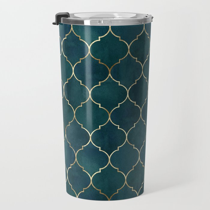Emerald Golden Moroccan Quatrefoil Pattern Travel Mug Gallery Image 3