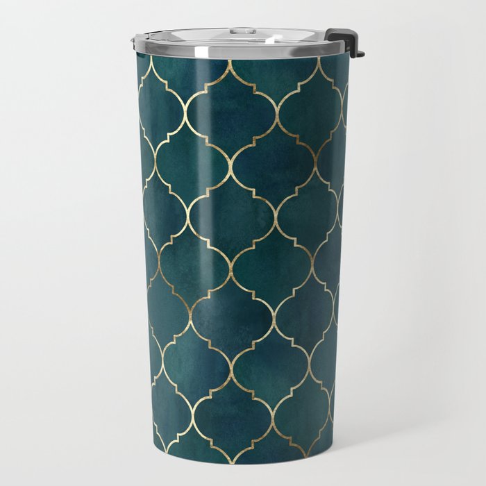 Emerald Golden Moroccan Quatrefoil Pattern Travel Mug Gallery Image 2
