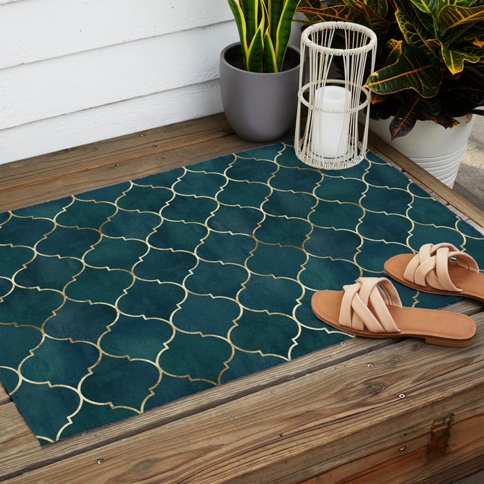 Emerald Golden Moroccan Quatrefoil Pattern Outdoor Rug Gallery Image 2