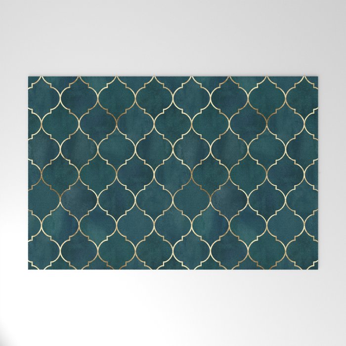 Emerald Golden Moroccan Quatrefoil Pattern Welcome Mat Gallery Image 1