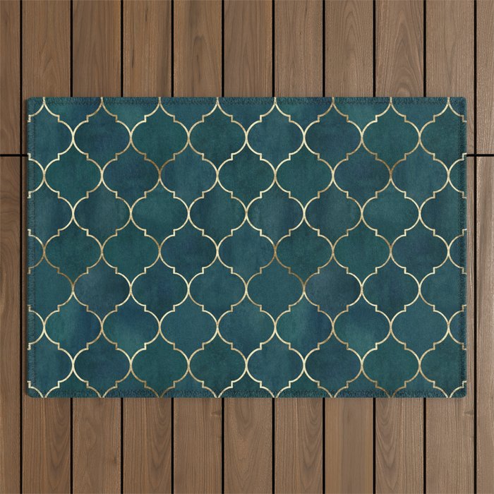 Emerald Golden Moroccan Quatrefoil Pattern Outdoor Rug Gallery Image 1