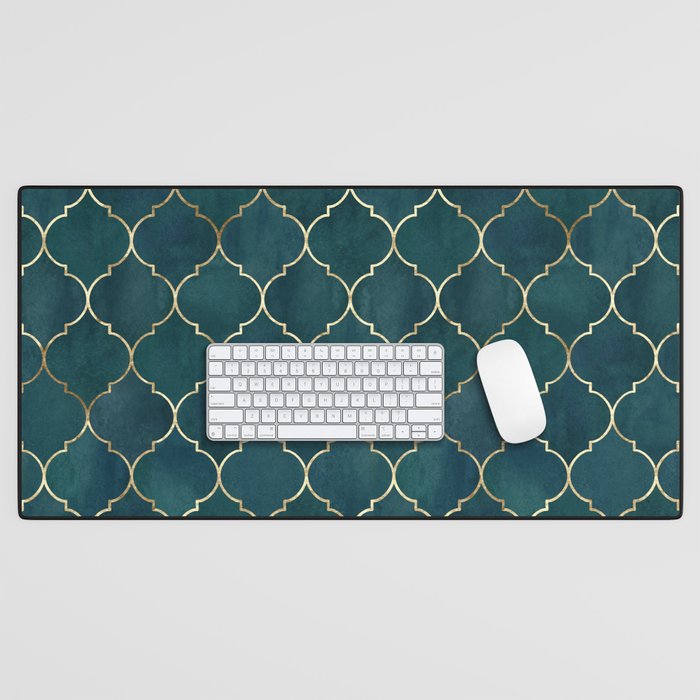 Emerald Golden Moroccan Quatrefoil Pattern Desk Mat Gallery Image 1