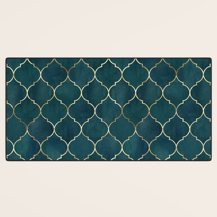 Emerald Golden Moroccan Quatrefoil Pattern Desk Mat Gallery Image 3