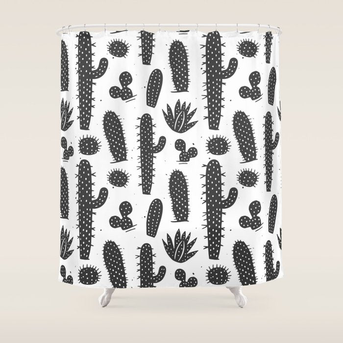 Retro black and white cactus plant pattern Shower Curtain Gallery Image 1