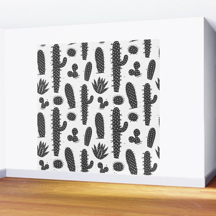 Retro black and white cactus plant pattern Wall Mural Gallery Image 2