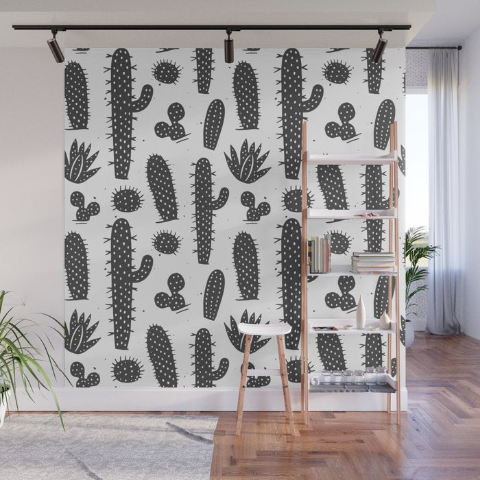 Retro black and white cactus plant pattern Wall Mural Gallery Image 1