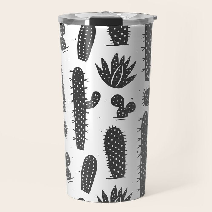 Retro black and white cactus plant pattern Travel Mug Gallery Image 1