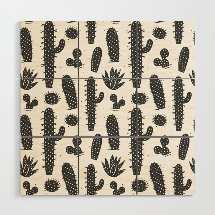 Retro black and white cactus plant pattern Wood Wall Art Gallery Image 1