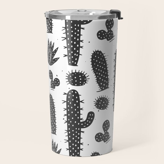 Retro black and white cactus plant pattern Travel Mug Gallery Image 2