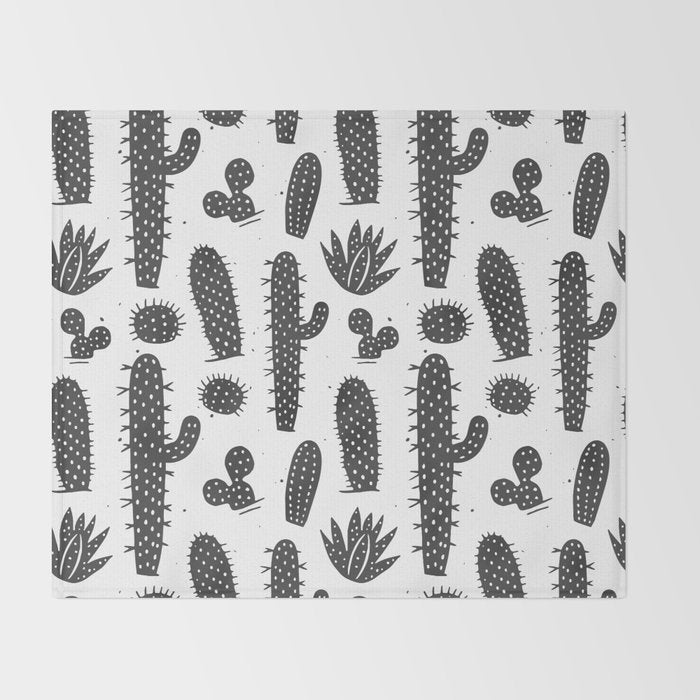 Retro black and white cactus plant pattern Throw Blanket Gallery Image 2