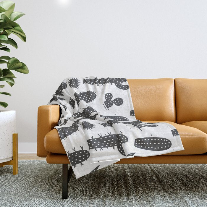 Retro black and white cactus plant pattern Throw Blanket Gallery Image 1