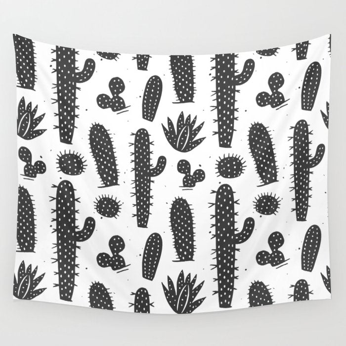 Retro black and white cactus plant pattern Wall Tapestry Gallery Image 4