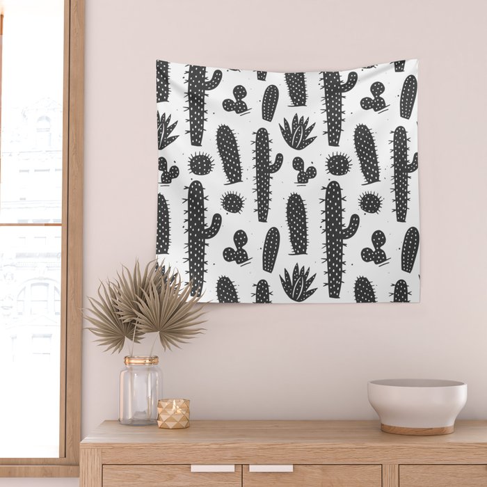 Retro black and white cactus plant pattern Wall Tapestry Gallery Image 2