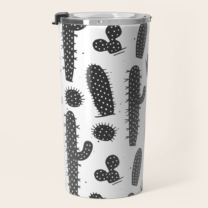 Retro black and white cactus plant pattern Travel Mug Gallery Image 3