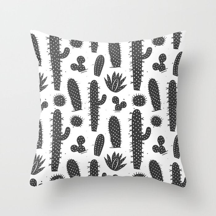 Retro black and white cactus plant pattern Throw Pillow Gallery Image 1