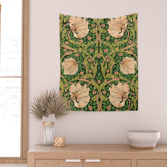William Morris Pimpernel, green, William Morris floral design  Wall Tapestry Gallery Image 2