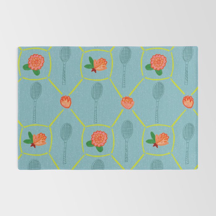 Tennis Rackets & Roses in Warm Blue & Peach Rug Gallery Image 2