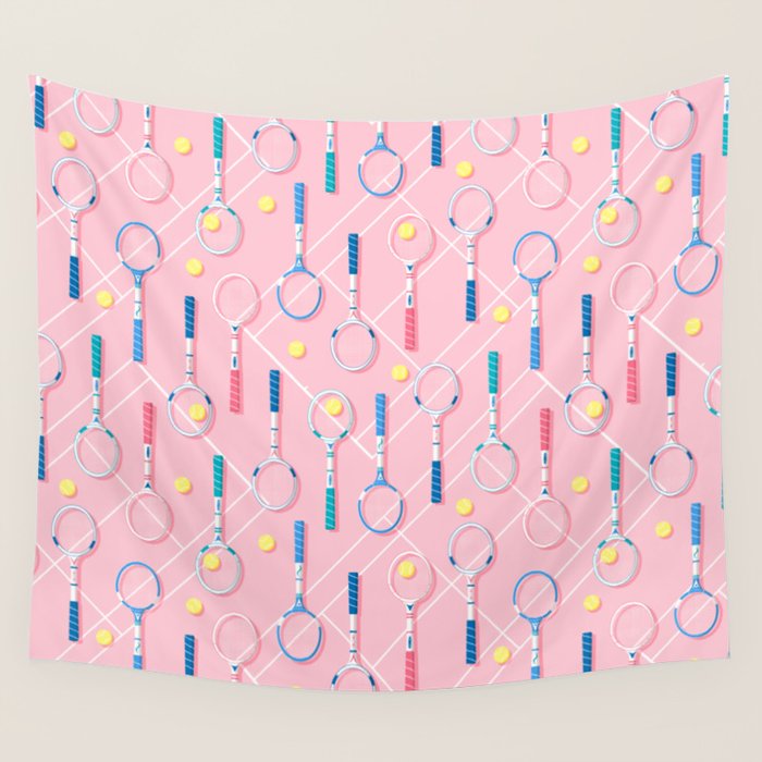 Collection of Retro Tennis Racquets on Pink Wall Tapestry Gallery Image 4