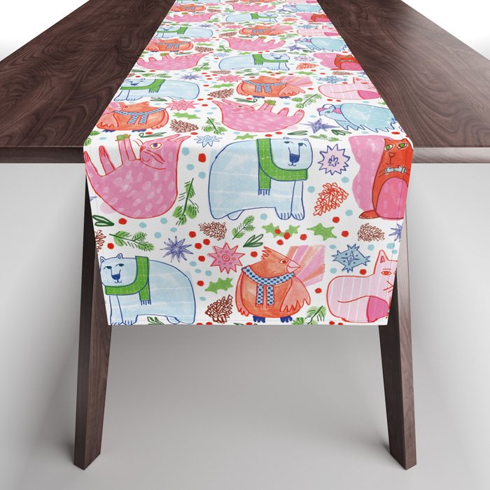Winter Forest Woodland Animals in Pink & Blue Table Runner Gallery Image 1