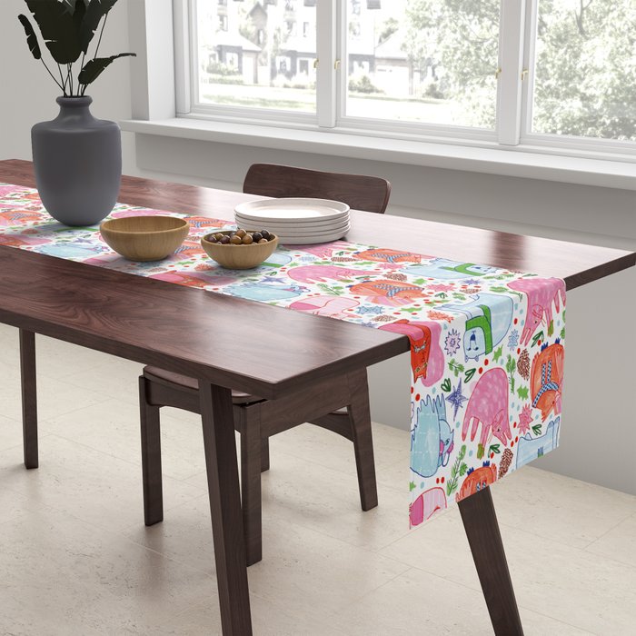Winter Forest Woodland Animals in Pink & Blue Table Runner Gallery Image 2
