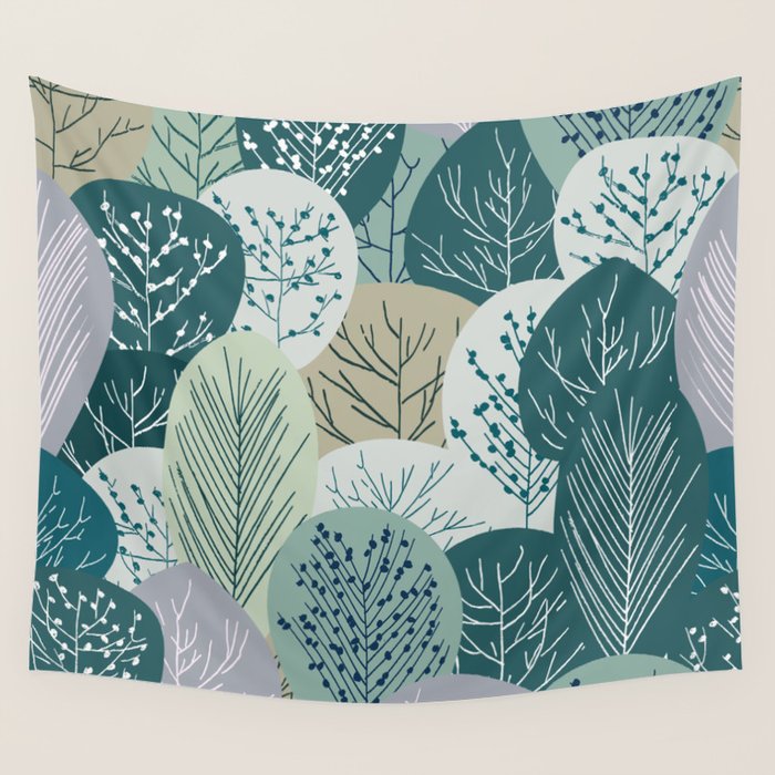 Forest Woodland Trees, Green, Floral Prints Wall Tapestry Gallery Image 4