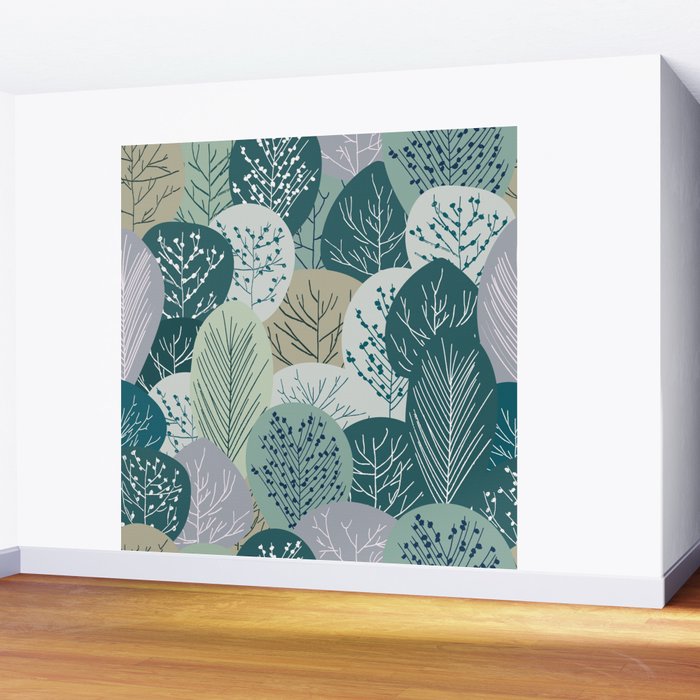Forest Woodland Trees, Green, Floral Prints Wall Mural Gallery Image 2