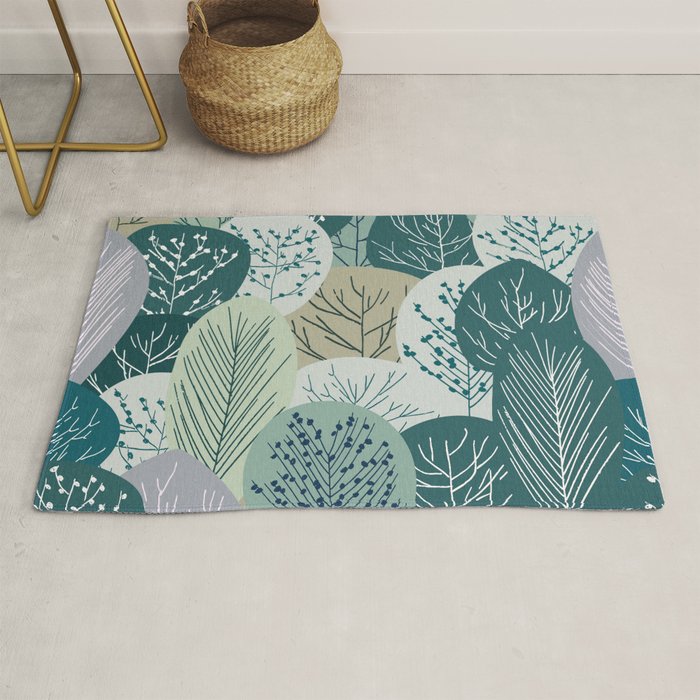 Forest Woodland Trees, Green, Floral Prints Rug Gallery Image 1